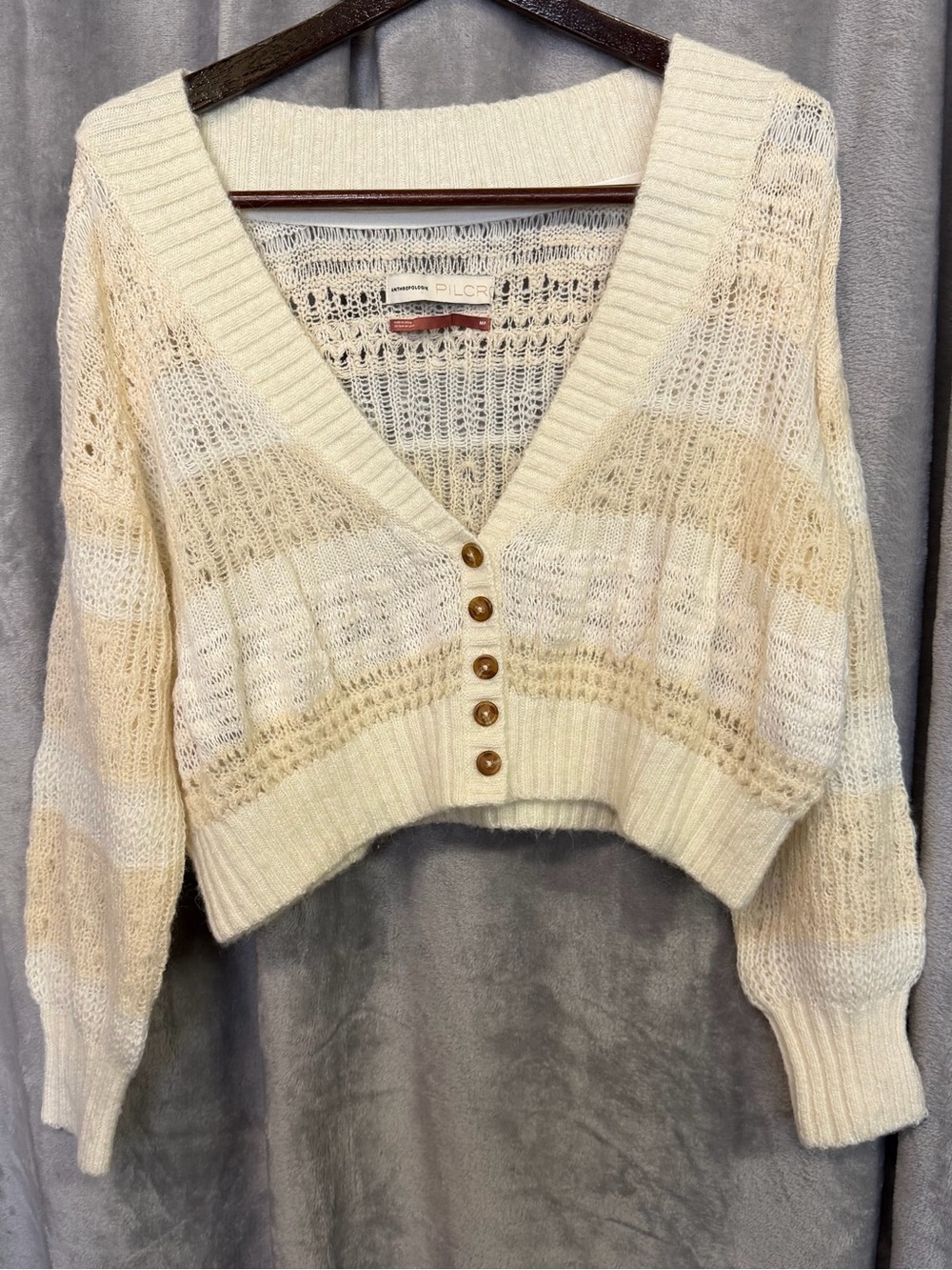 Anthropologie Cream & Beige Striped V-Neck Button Front Sweater